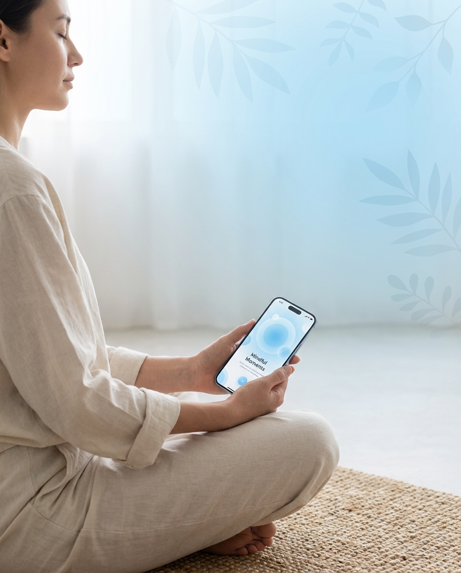 Pessoa em meditação usando o app Viva Calmo